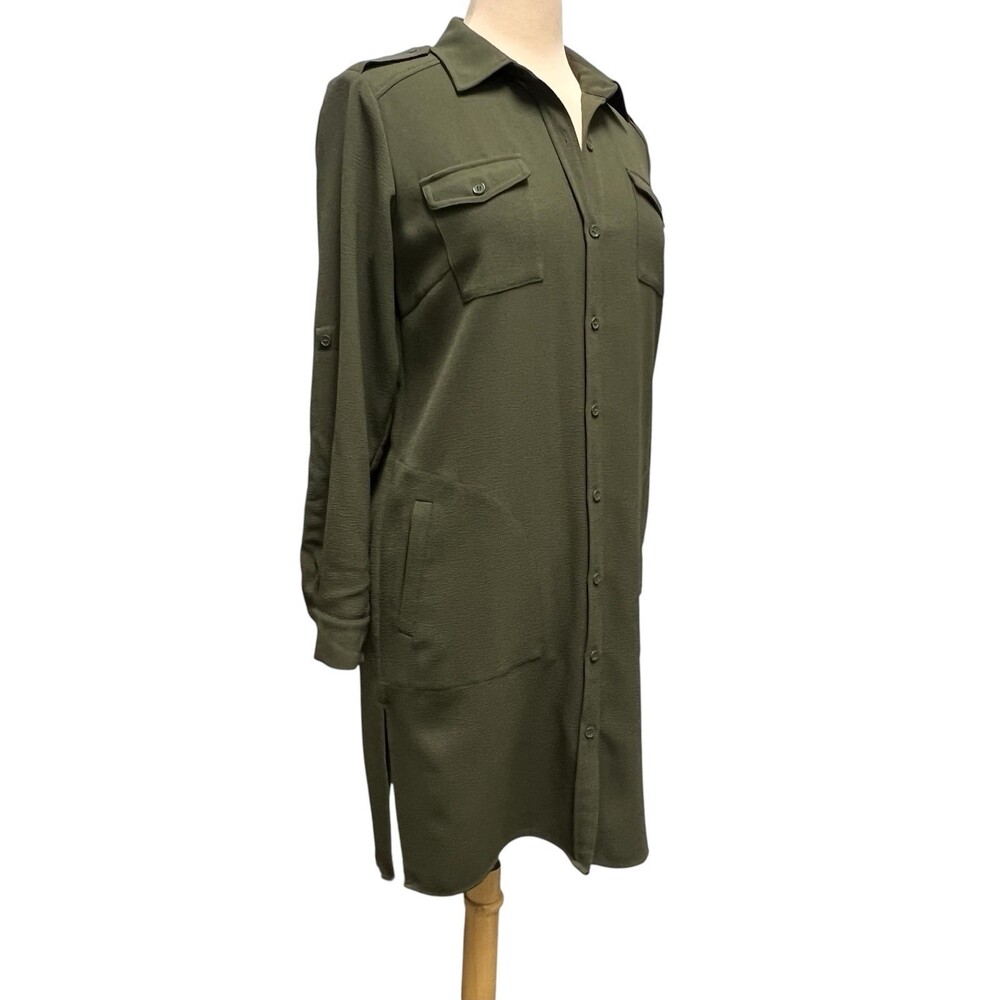 Linea by Louis Dell’Olio Oversized Shirt Dress XS Olive Green Crepe Gauze - Picture 7 of 11
